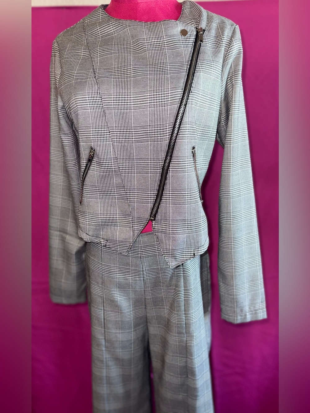 Windsor Gray Plaid Asymmetrical Zip Jacket + Wide-Leg Trousers - Pantsuit